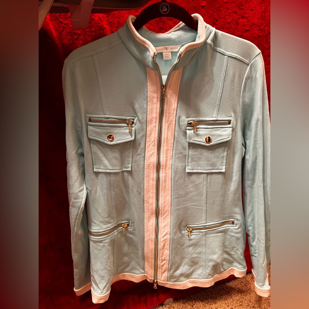 Boston Proper Light Blue Utility Jacket with Gold Accents and matching pants